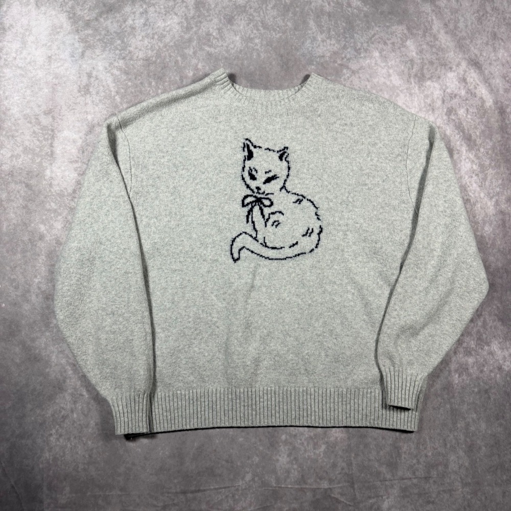 Hollister Womens Gray Cat Graphic Crewneck Sweater Size Medium Bow Detail Cozy